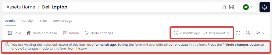 A screenshot that shows how an item&#39;s details page is displayed when viewing an item&#39;s history. A new dropdown menu explains what version is being viewed, and an information box explains how to undo any historical version changes, if desired. The screenshot is annotated with two red boxes that indicate these two sections of the details page.